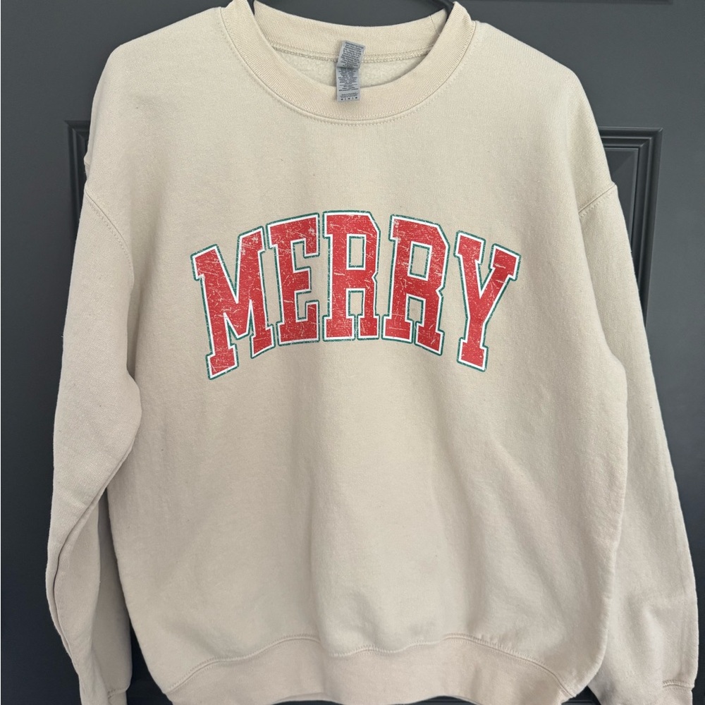 Gildan Cream Sweater with Red 'Merry' Print